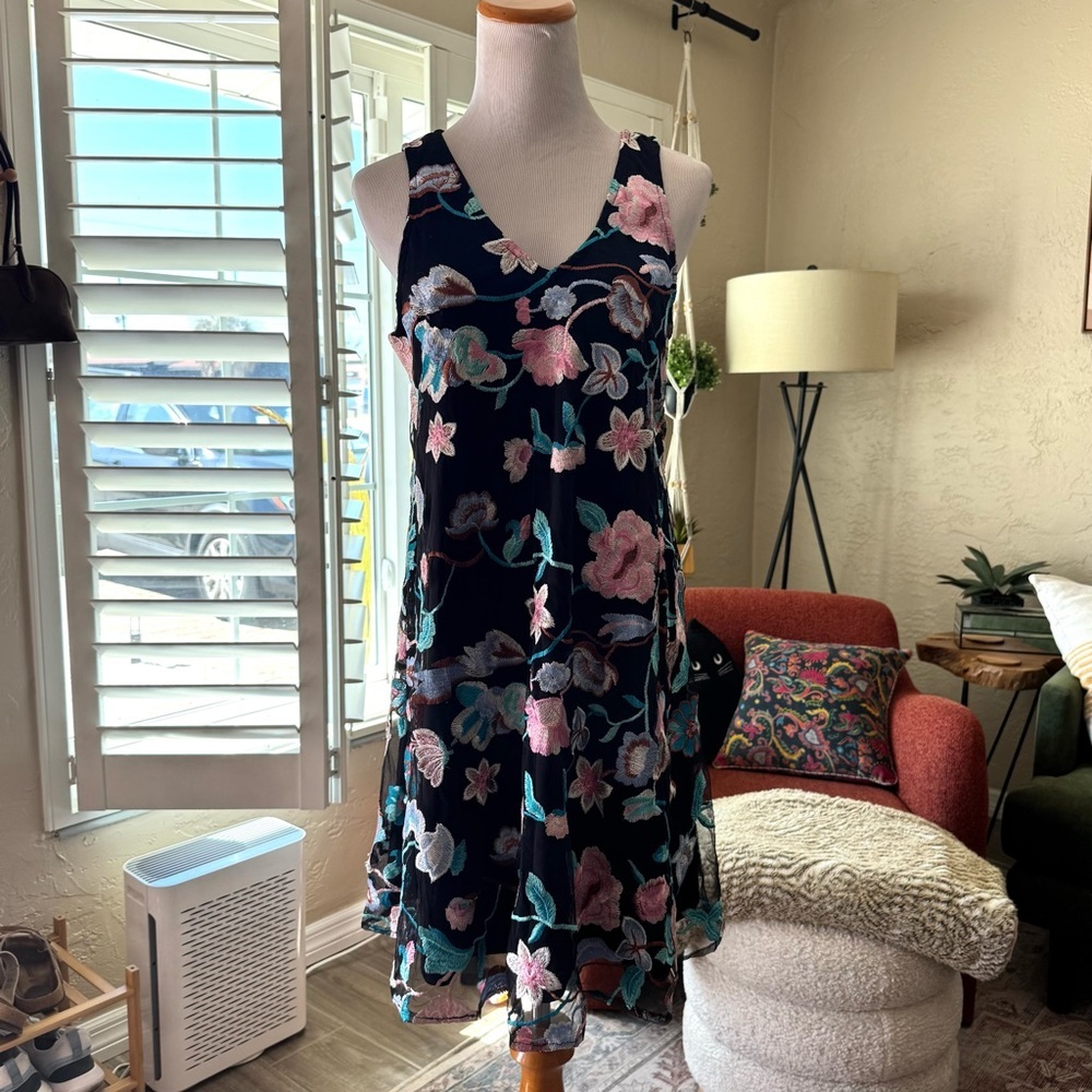 ECI Black Embroidered Floral Mini Dress